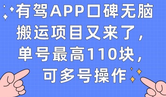 有驾APP口碑无脑搬运项目又来了，单号最高110块，可多号操作-灵动共创