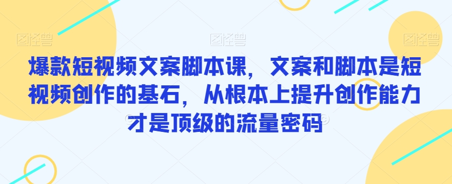 爆款短视频文案脚本课，文案和脚本是短视频创作的基石，从根本上提升创作能力才是顶级的流量密码-灵动共创