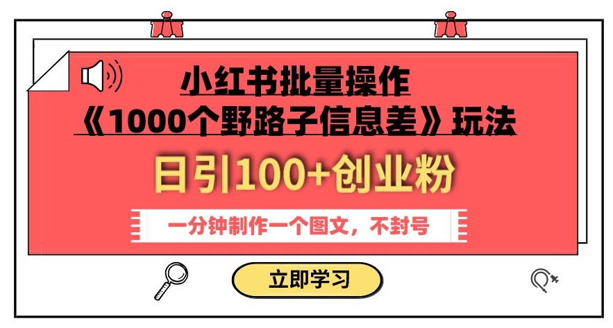 小红书批量操作《1000个野路子信息差》玩法，一分钟制作一个图文，不封号，日引100+创业粉-灵动共创