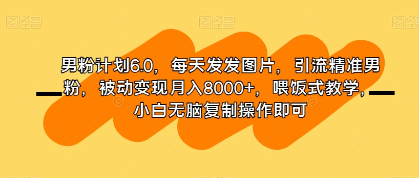 男粉计划6.0，每天发发图片，引流精准男粉，被动变现月入8000+，喂饭式教学，小白无脑复制操作即可-灵动共创