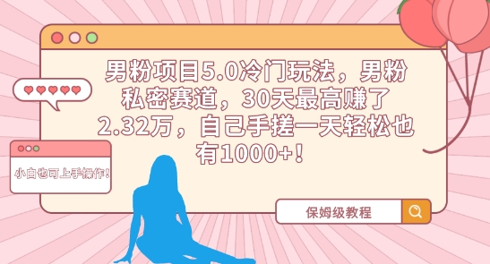 男粉项目5.0冷门玩法，男粉私密赛道，30天最高赚了2.32万，自己手搓一天轻松也有1000+【揭秘】-灵动共创