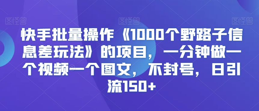 快手批量操作《1000个野路子信息差玩法》的项目，一分钟做一个视频一个图文，不封号，日引流150+【揭秘】-灵动共创