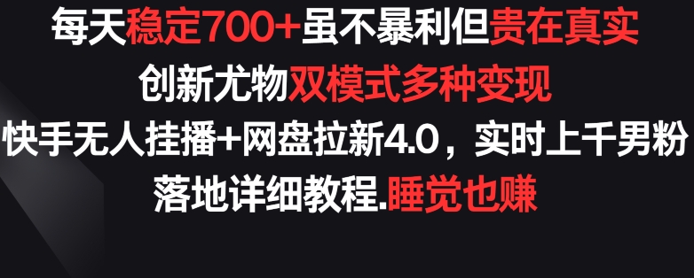 每天稳定700+，收益不高但贵在真实，创新尤物双模式多渠种变现，快手无人挂播+网盘拉新4.0【揭秘】-灵动共创