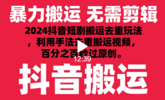 2024最新抖音搬运技术，抖音短剧视频去重，手法搬运，利用工具去重，达到秒过原创的效果【揭秘】-灵动共创