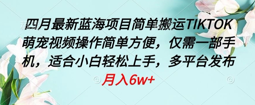 四月最新蓝海项目，简单搬运TIKTOK萌宠视频，操作简单方便，仅需一部手机【揭秘】-灵动共创
