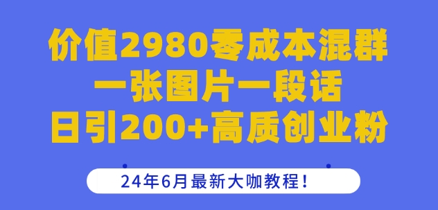 价值2980零成本混群一张图片一段话日引200+高质创业粉，24年6月最新大咖教程【揭秘】-灵动共创