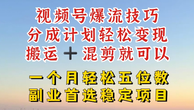 视频号爆流技巧，分成计划轻松变现，搬运 +混剪就可以，一个月轻松五位数稳定项目【揭秘】-灵动共创