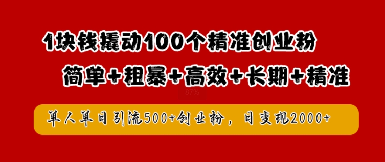 1块钱撬动100个精准创业粉，简单粗暴高效长期精准，单人单日引流500+创业粉，日变现2k【揭秘】-灵动共创