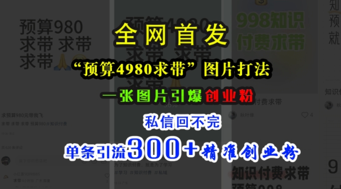 小红书“预算4980带我飞”图片打法，一张图片引爆创业粉，私信回不完，单条引流300+精准创业粉-灵动共创