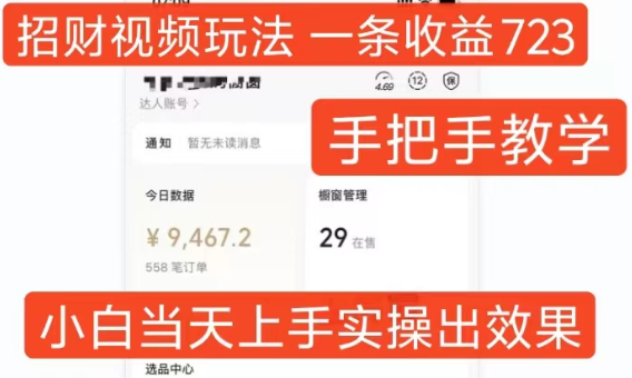 招财视频玩法，一条视频收益723，手把手教学，小白当天可上手-灵动共创