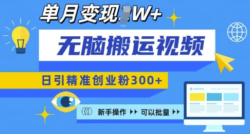 无脑搬运视频号可批量复制，新手即可操作，日引精准创业粉300+，月变现过W 【揭秘】-灵动共创