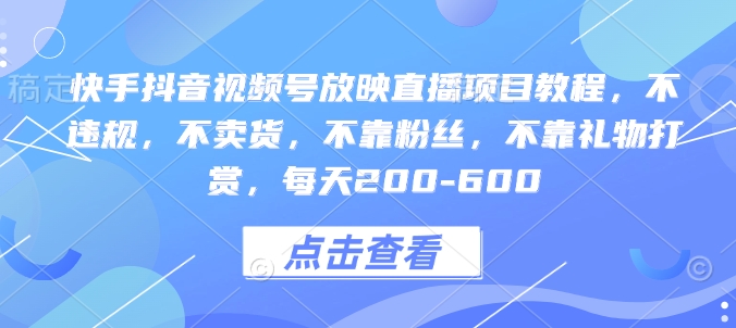 快手抖音视频号放映直播项目教程，不违规，不卖货，不靠粉丝，不靠礼物打赏，每天200-600-灵动共创