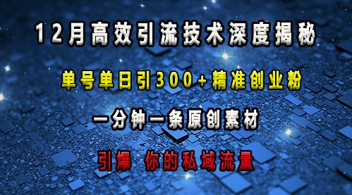最新高效引流技术深度揭秘 ，单号单日引300+精准创业粉，一分钟一条原创素材，引爆你的私域流量-灵动共创